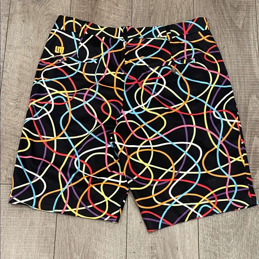 Loudmouth Black Shorts with Vibrant Scribble Bermuda Swirl Gold Shorts Size 36 - Picture 2 of 10
